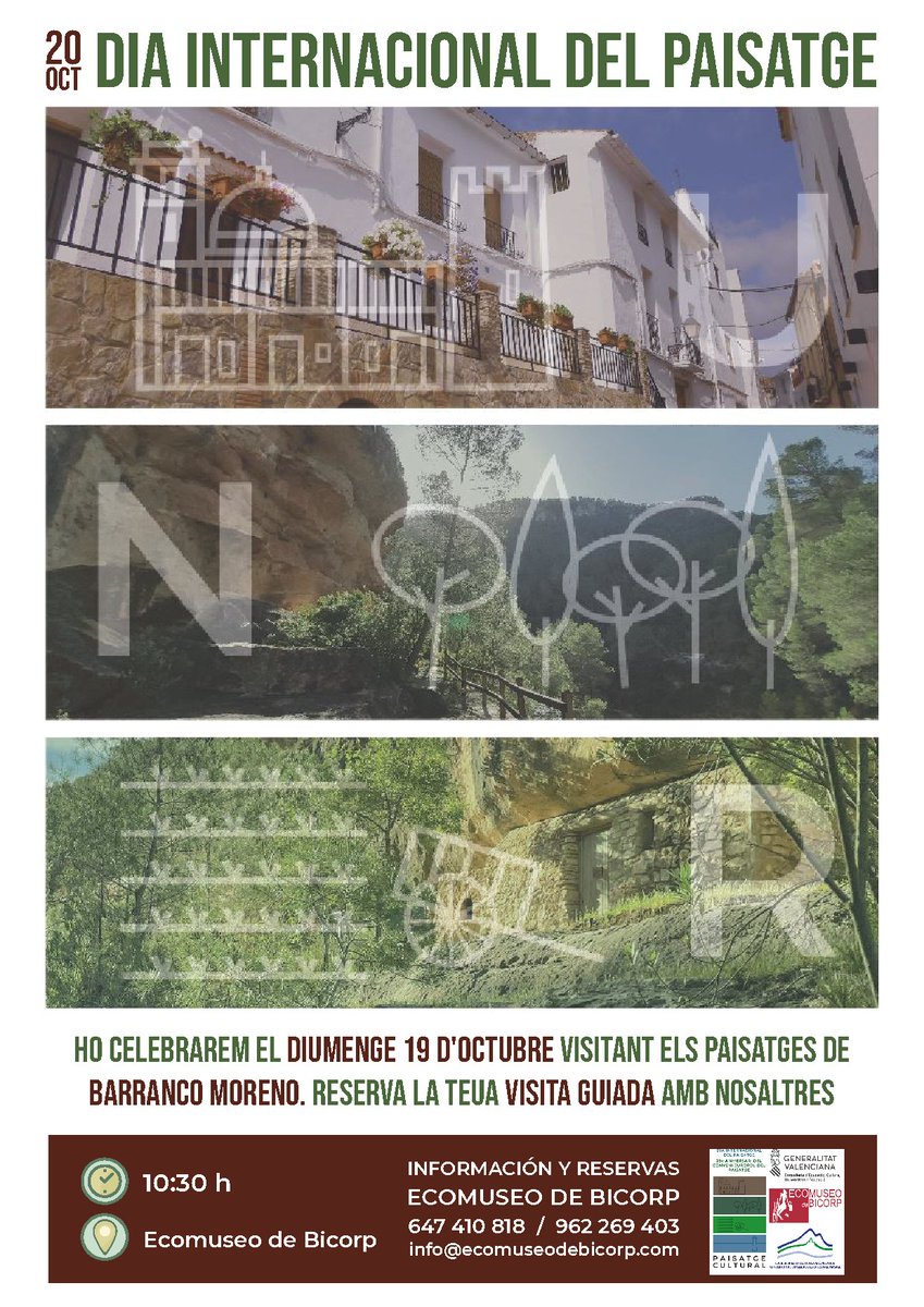 El 20 de octubre es el #DíaInternacionalDelPaisaje y desde el Ecomuseo de Bicorp queremos celebrar el 25 aniversario con todos vosotros visitando los paisajes de Barranco Moreno. ¡Reserva tu visita guiadacon nosotros!
📅19 OCTUBRE
⏰10:30H
ECOMUSEO DE BICORP
962269403 - 647410818