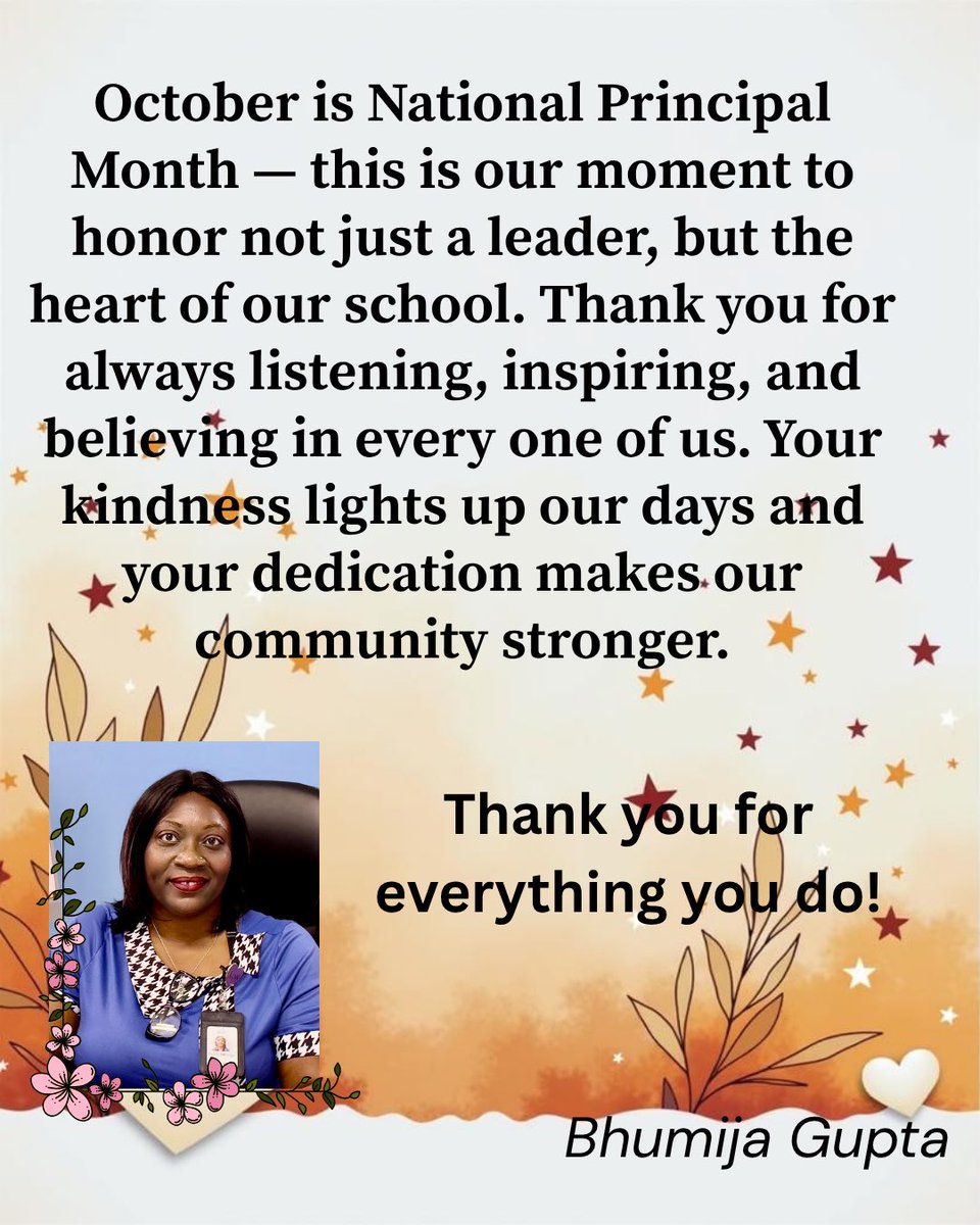 October is National Principal Month — we proudly honor our principal for inspiring leadership, dedication, and unwavering support to our school community.
Thank you for everything you do 🌹
<a href="/p_nsbarker/">NSBarker</a> 
<a href="/NHS_PGCPS/">Northwestern High School - PGCPS</a> 
<a href="/pgcps/">PGCPS</a>