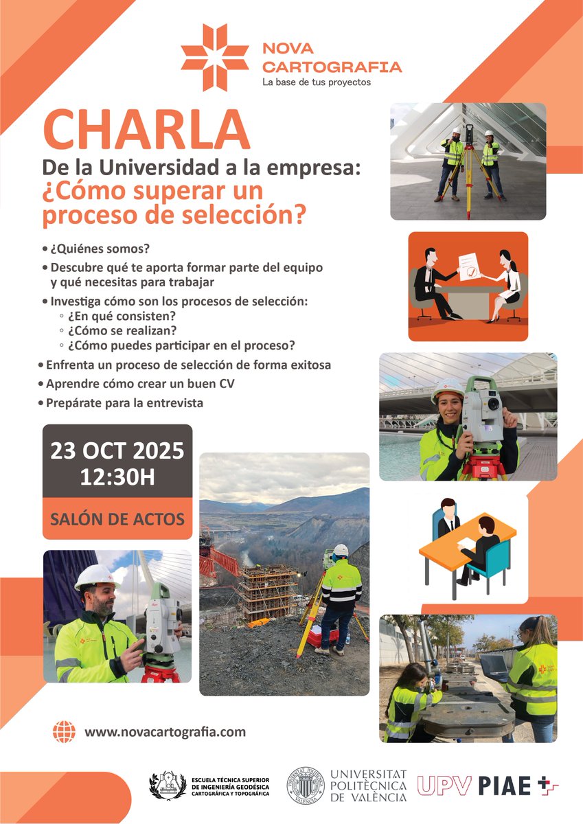 GeomaticaUPV's tweet image. 🙋‍♀️🙋‍♂️¡¡¡Retomamos nuestras Jornadas PIAE+!!!
No te pierdas la charla de Nova Cartografía, en colaboración con el @SIEUPV  de la @UPV. 
Elaborar un buen currículum, entrevista de trabajo...
💯 ⚠️ Para crédito de actividades PIAE+⚠️💯
23 oct. 12:30 Salón de Actos.
¡No te lo pierdas!