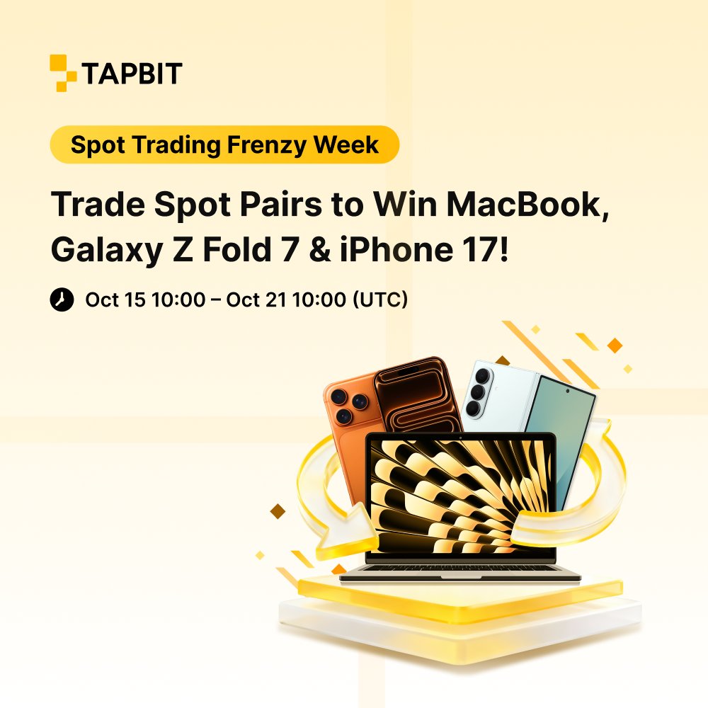 Tapbit Spot Trading Frenzy Is LIVE! 🎉
——————————
💥 Ready to trade your way to epic prizes? 
📱 iPhone 17 Pro Max, 💻 MacBook Pro M4 Max, 📲 Galaxy Z Fold 7 — and 10,000 USDT meme rewards are all up for grabs.

📅 Oct 15, 18:00 – Oct 21, 18:00 (UTC)
📊 Minimum volume to join: