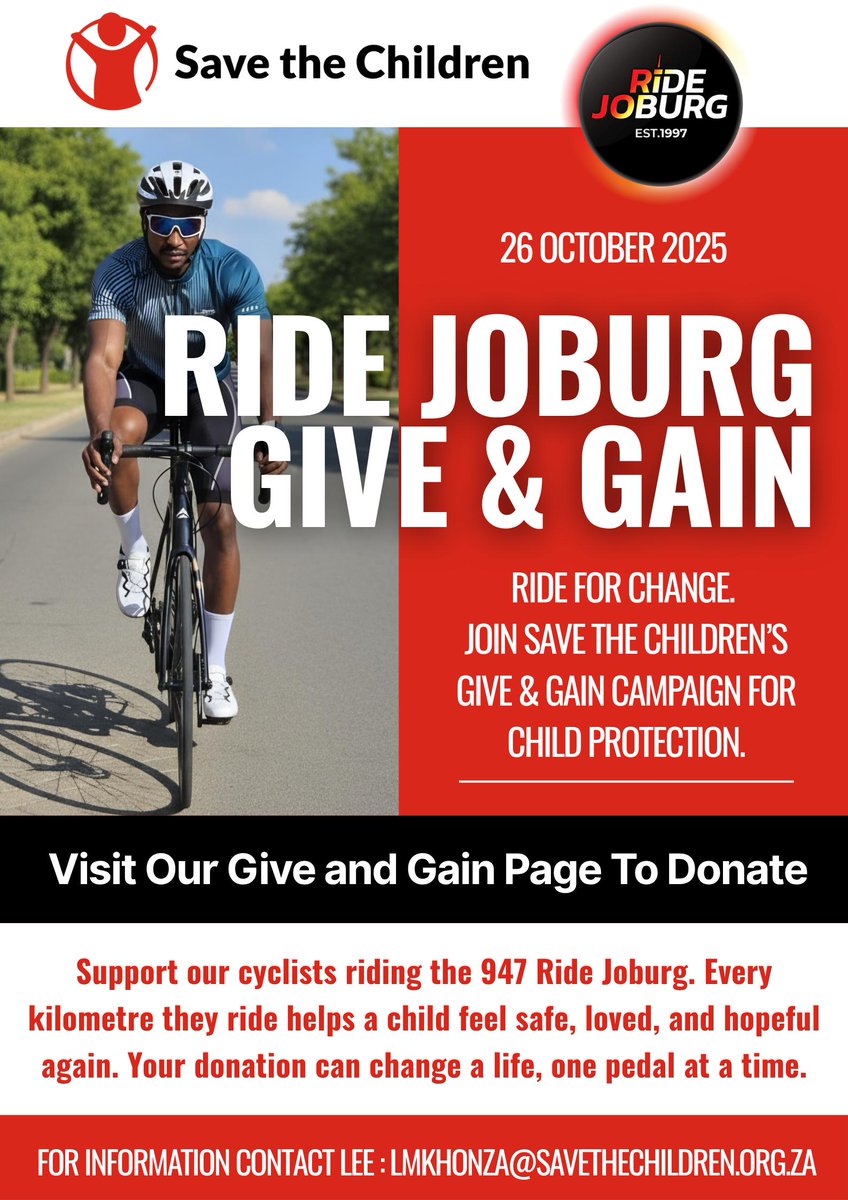 On 26 OCT, effort meets impact.🚴Individuals are taking on the #RideJoburg to fund <a href="/SCSA/">Valeyard</a>  Child Protection work. Through our Give &amp; Gain Campaign. THEY RIDE. YOU DONATE. CHILDREN ARE SAFE.
Protect a child with your donation:
🔗givengain.com/project/paball…