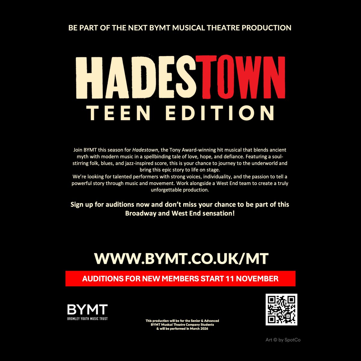 BYMT MUSICAL THEATRE COMPANY (Senior &amp; Advanced) are welcoming new members to audition for their next production HADESTOWN Teen Edition.  Sign up for auditions now and don’t miss your chance to be part of this Broadway and West End sensation! BYMT.CO.UK/MT