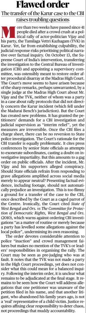 nramind's tweet image. The Supreme Court of India’s order on the Karur tragedy case was strange, incomprehensible, and fatally flawed. The two-judge bench’s order, which grants final relief through an ‘interim’ order, fails the test of factuality, of law, and of common sense. Read this editorial,…