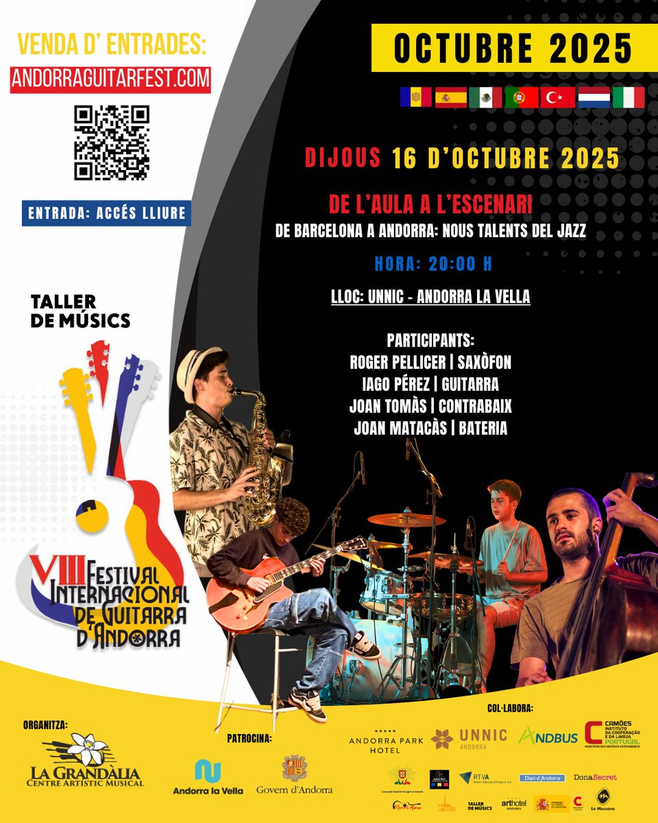 Emb. España Andorra (@embespandorra) on Twitter photo VIII Festival internacional de guitarra de Andorra. De l' aula a l' escenari: de Barcelona a Andorra, nous talents del jazz. Dijous 16 d'octubre, 20:00 h, UNNIC, Andorra.
<a href="/AndorraCapital/">Andorra la Vella</a>
<a href="/GovernAndorra/">Govern d'Andorra</a>
#Jazz VIII Festival internacional de guitarra de Andorra. De l' aula a l' escenari: de Barcelona a Andorra, nous talents del jazz. Dijous 16 d'octubre, 20:00 h, UNNIC, Andorra.
<a href="/AndorraCapital/">Andorra la Vella</a>
<a href="/GovernAndorra/">Govern d'Andorra</a>
#Jazz