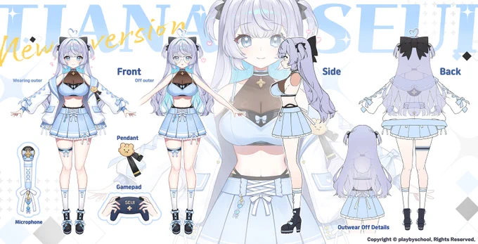 플레이바이스쿨 소속 VTuber 티아나 스이 ( )님의 신의상 디자인과 일러스트를 담당하였습니다. 많은 파츠로 풍성하게 표현할수 있도록 제작했습니다. 잘부탁드립니다! #Seui_Art