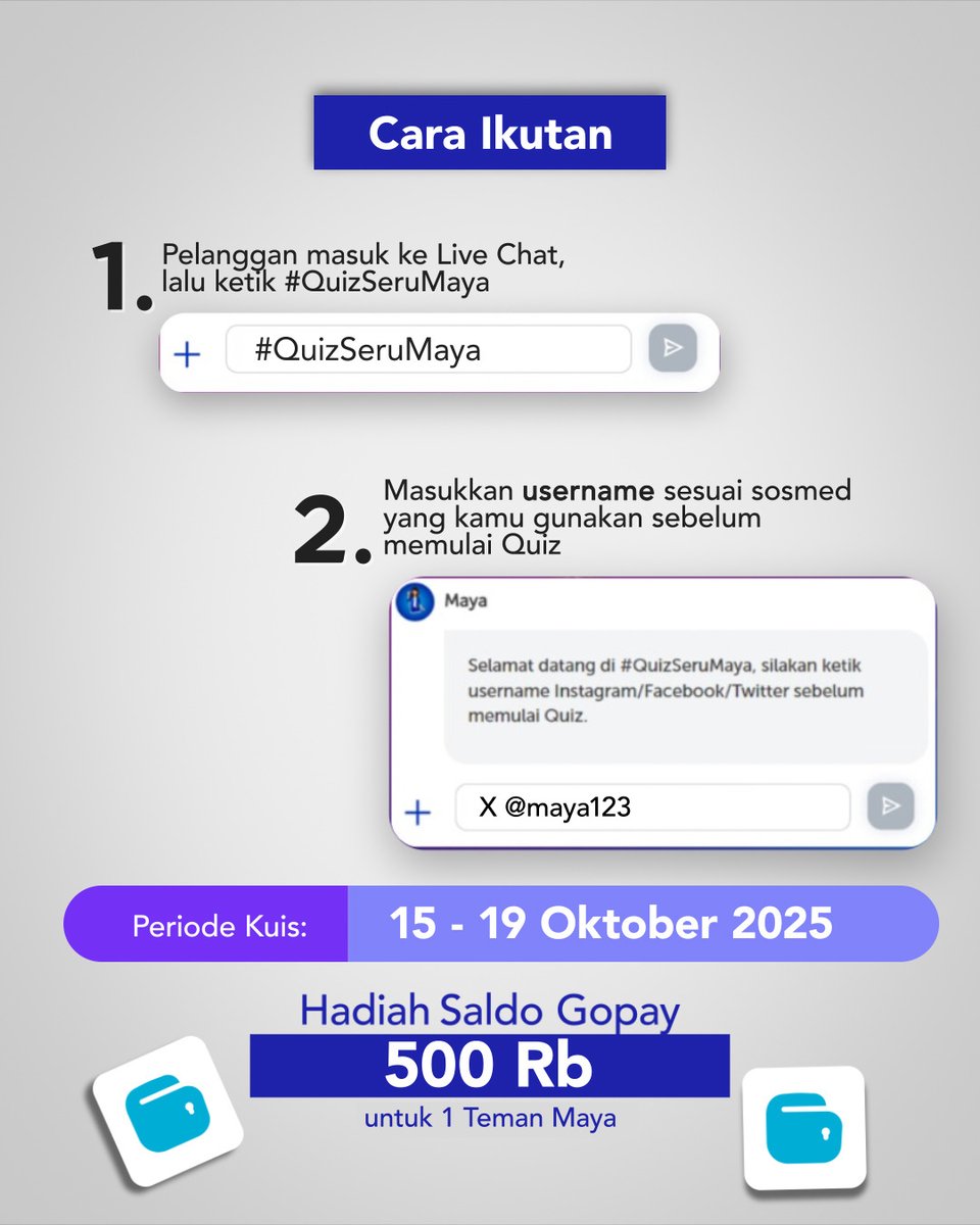 myXLCare's tweet image. ✨ G I V E A W A Y ✨
🙋HADIAH SALDO GOPAY lagi dari Maya? Siapa yang mau? ☝
Yuk join #𝗤𝘂𝗶𝘇𝗦𝗲𝗿𝘂𝗠𝗮𝘆𝗮 dan menangkan hadiahnya!💸✨
Langsung kepoin cara ikutannya di bawah ini ya 👇