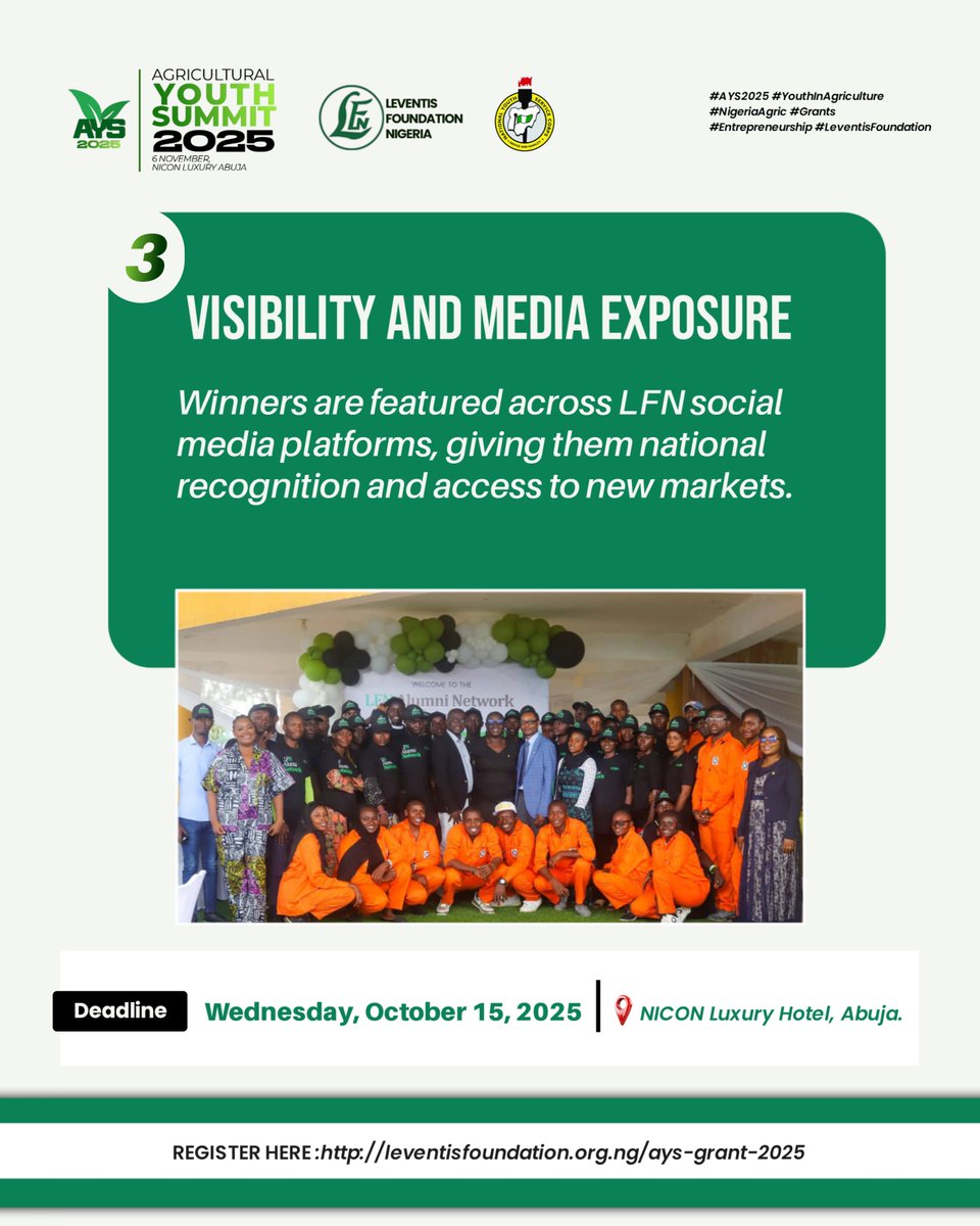 LeventisAgriSch's tweet photo. Here’s What You Stand to Gain When You Win the Agricultural Youth Summit  Grant

#lfnnysc2025 #agricyouthsummit #ays2025 #leventisfoundation #nysc https://t.co/i4j5FZjMLy