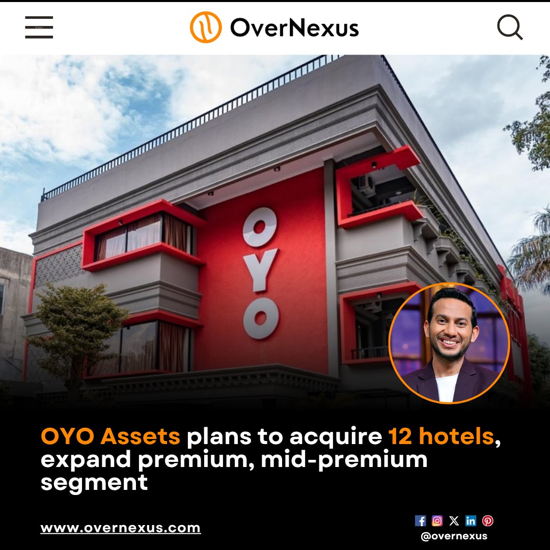 overnexusnews's tweet image. OYO Assets plans to acquire 12 hotels, with seven in advanced stages, funded by debt and equity. The focus is on premium and mid-premium properties to leverage growth opportunities.

#OverNexus #OYOAssets #HotelAcquisition