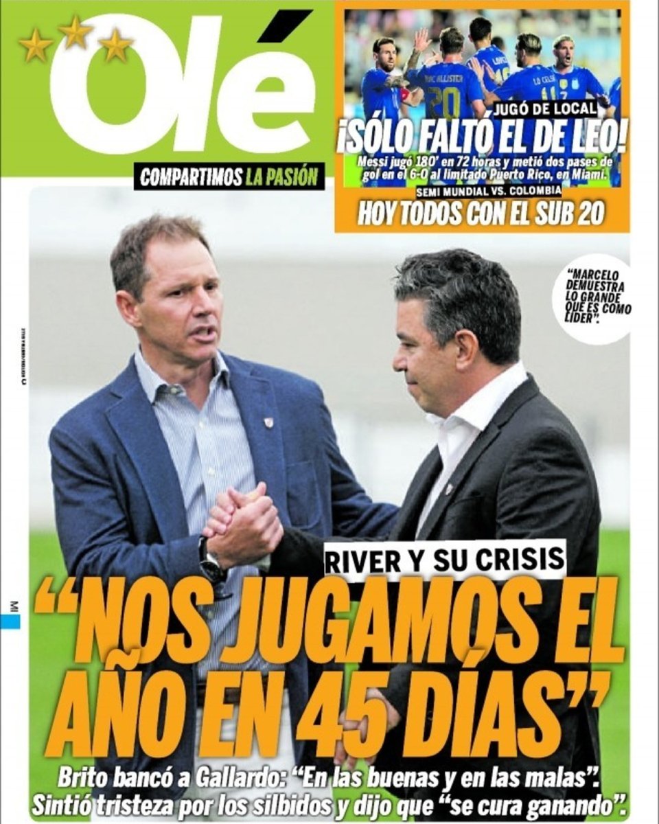 DiarioOle's tweet photo. 🔴⚪️ "NOS JUGAMOS EL AÑO EN 45 DÍAS..." | #LaTapaDeOlé Miércoles 15 de octubre 📰 https://t.co/V3S5f4AWFZ