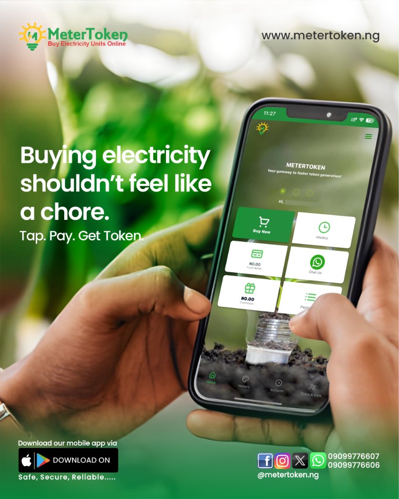 Metertokenng's tweet image. Buying electricity shouldn’t feel like a chore. ⚡
Tap. Pay. Get Token. Instantly.
No queues. No stress. Just seamless power with MeterToken.
#MeterToken #PowerMadeSimple #ElectricityRecharge