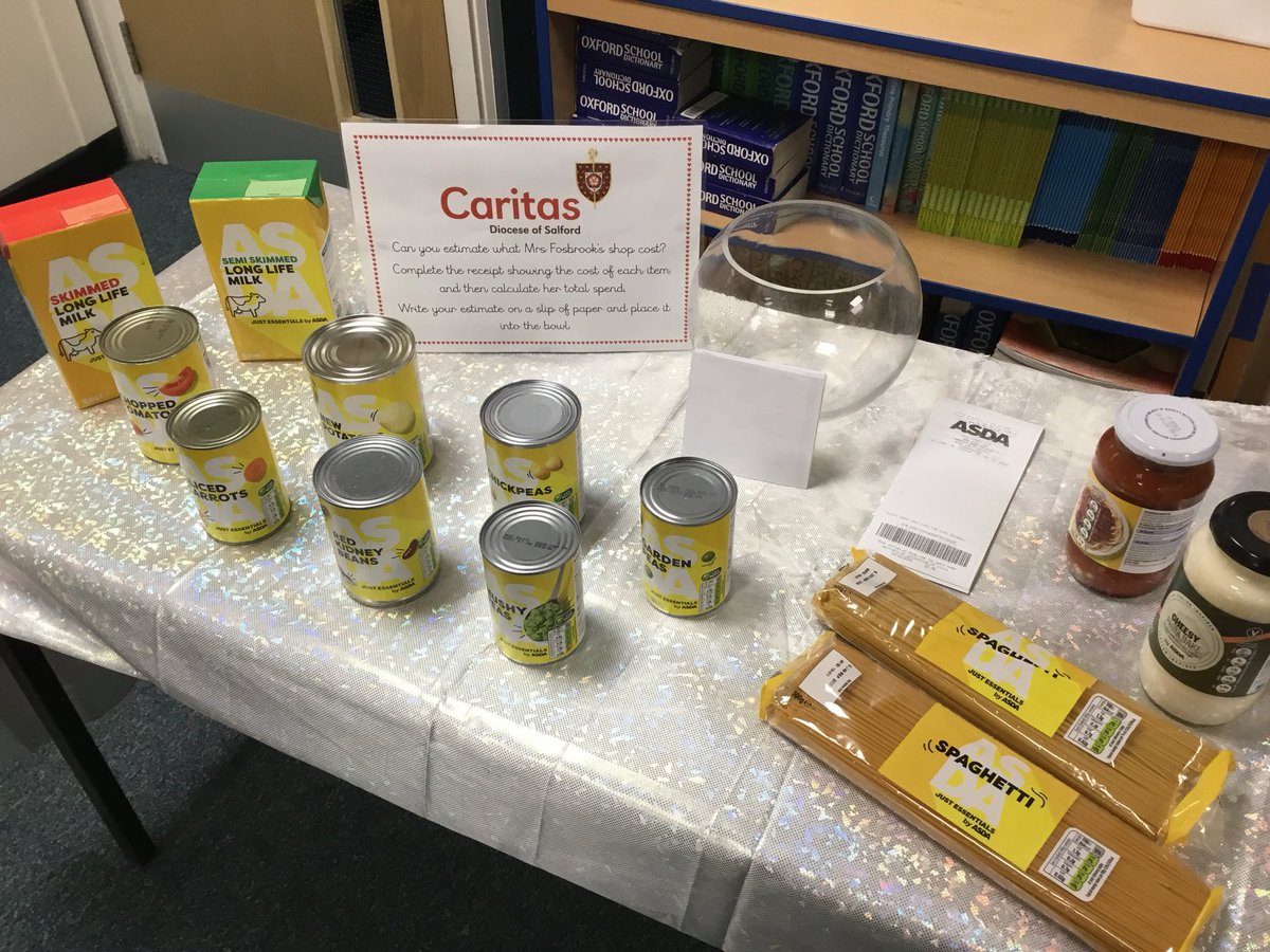 In Class 11 (Yr 6), we combined real-life Maths and RE by exploring the 'cost of giving' in relation to our current CARITAS appeal for Harvest Donations. 

We realised that it doesn't have to cost a lot to be able to give to others. We were staggered by how cheap Mrs Fosbrook's