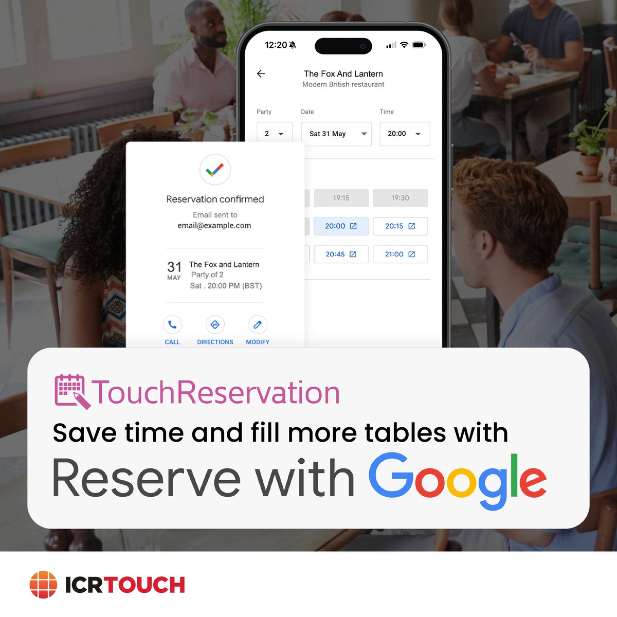 Did you know there’s now a Google integration with TouchReservation?

Allow anyone searching for your business on Google, looking at your Google business profile or even finding your business on Google maps can now reserve a table direct through Google.

<a href="/Google/">Google</a> <a href="/icrtouch/">ICRTouch</a>