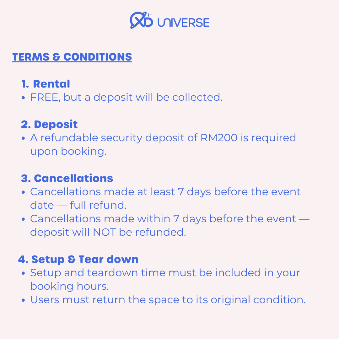 xduniverse_my's tweet photo. XD UNIVERSE is now open for event space bookings!
Perfect for fan gatherings, birthday events, live streaming, and more.

☕ Drinks available
🎀 Decor-friendly space
📍 XD UNIVERSE, SS15

🔗 Book now here: https://t.co/AI1KLGwket https://t.co/kBC7yK5CCQ