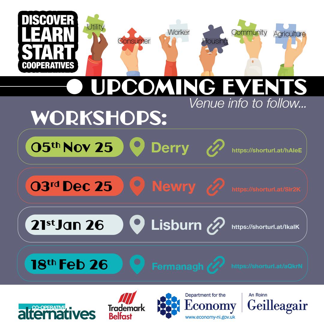 More workshops on co-operatives in NI. Delivered together by <a href="/coopalt/">Coop alternatives</a> and <a href="/TrademarkBF/">TrademarkBelfast</a> .