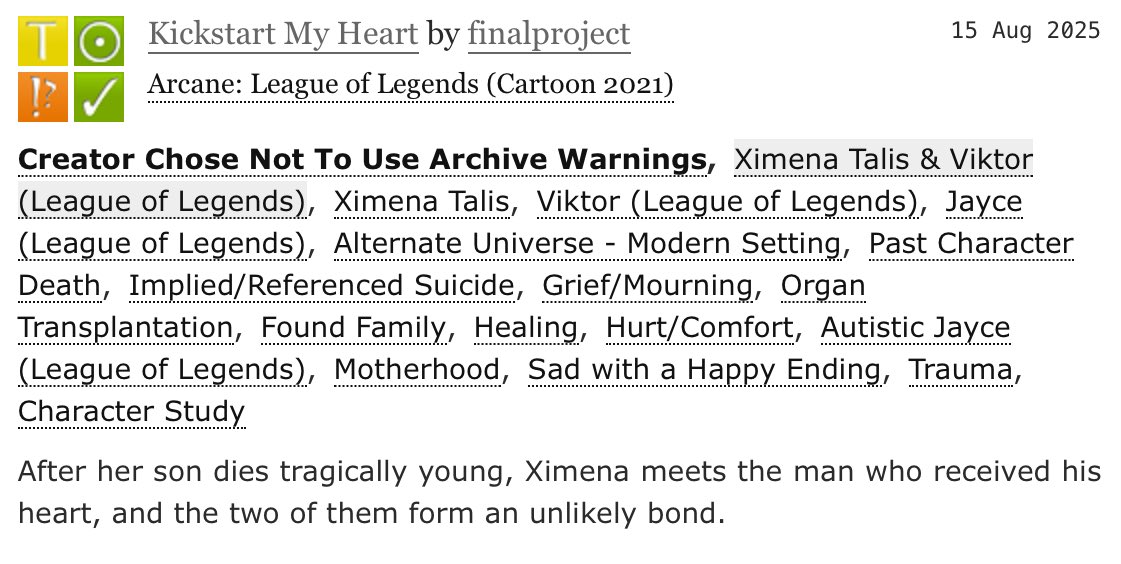 jayvikficrecs's tweet image. Title: Kickstart My Heart
Author: finalproject 
Main tags: #jayvik as in viktor receives jayce’s heart jayvik, ximena-centric pov, grief/mourning, healing, found family, read tags
Status: Complete
Rating: Teen &amp;amp; Up

Don’t forget to comment &amp;amp; kudos! 🫶🏼

archiveofourown.org/works/69197291