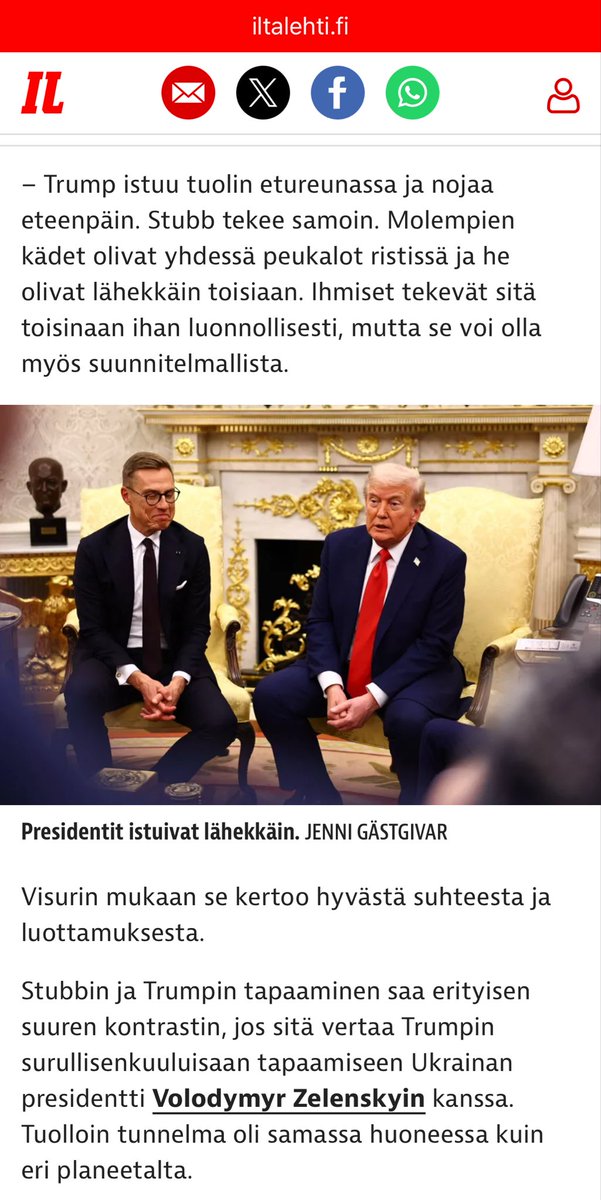 Kehonkielen asiantuntijan mukaan Stubbilla on selkeä pelikirja Trumpin kanssa toimimiseen.
Visurin huomaama yksityiskohta oli se, kuinka Stubb otti Trumpilta vastausvuoroja, eli he täydensivät toistensa puheita. - Vanhat avioparit tekevät sellaista.

iltalehti.fi/ulkomaat/a/8d7…