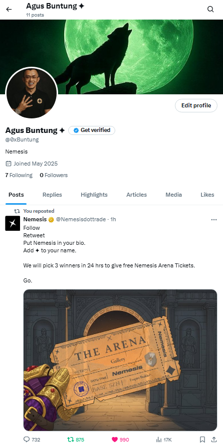 0xBuntung's tweet photo. @Nemesisdottrade Done https://t.co/NkDMdKnTFK