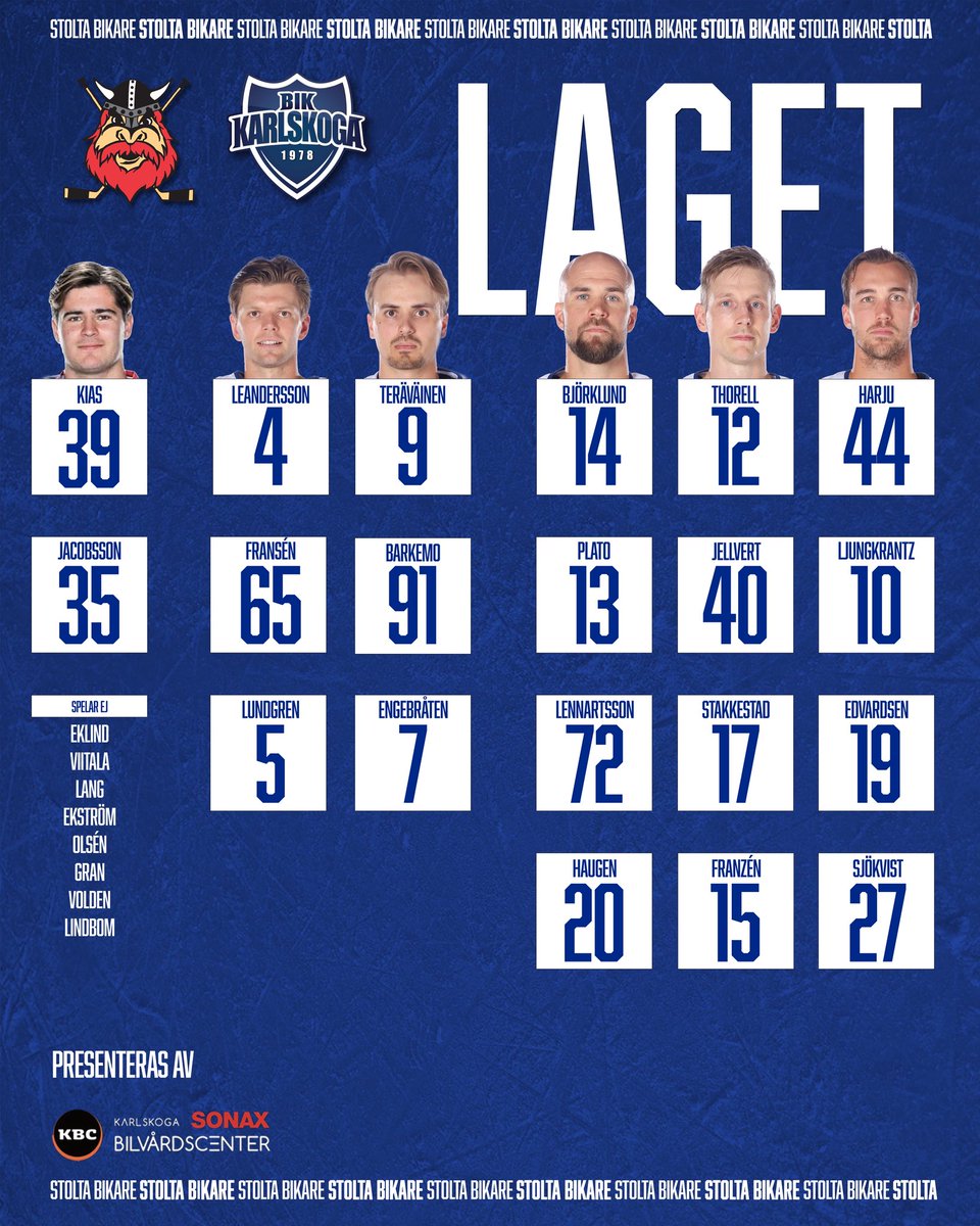 Kvällens lag, mot tre poäng!🏒

William Kias debuterar🧱

Hampus Plato och Alexander Ljungkrantz är åter med i laget⚡️

#BIKKarlskoga #StoltaBIKARE