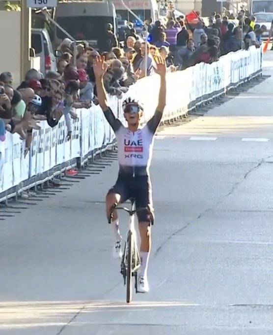 A cyclist in a UAE Team Emirates jersey with sponsor logos rides a black bike on a paved road, raising both arms in victory while wearing sunglasses and helmet, surrounded by cheering crowds behind barriers on both sides, with vehicles and buildings in the background under sunny conditions.