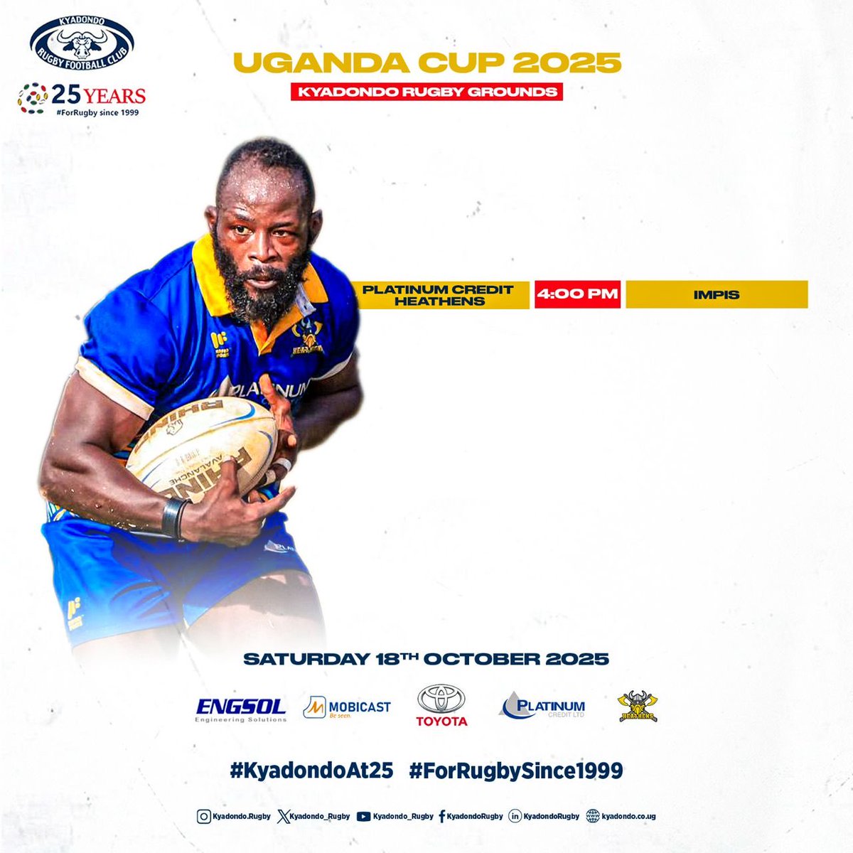 UGANDA CUP FIXTURES THIS WEEKEND. 

Venue: Kyadondo 

#KyadondoAt25 #ForRugbySince1999 #UgandaCup2025
