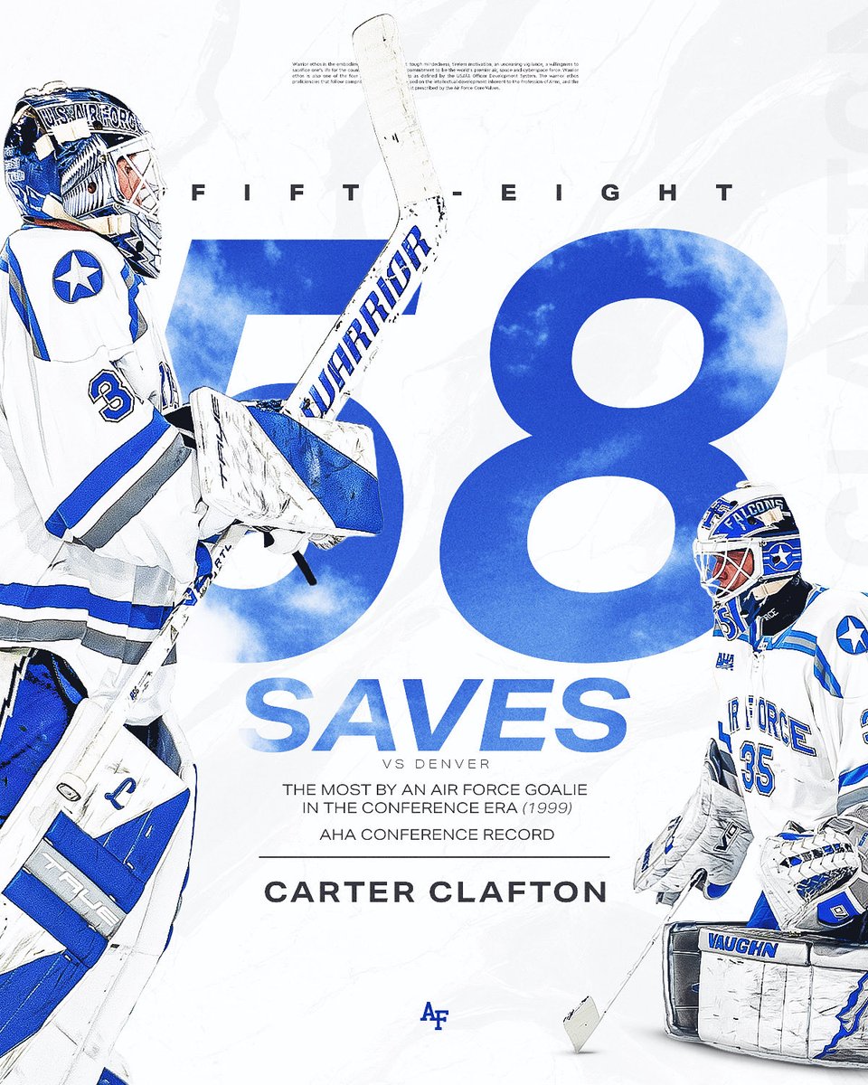 ⚡️𝙍𝙀𝘾𝙊𝙍𝘿 𝙎𝙀𝙏𝙏𝙄𝙉𝙂 𝙋𝙀𝙍𝙁𝙊𝙍𝙈𝘼𝙉𝘾𝙀⚡️

Carter Clafton posted 5️⃣8️⃣ saves in the season opener marking the most saves by an Air Force goalie in the conference era and setting a new AHA Record!