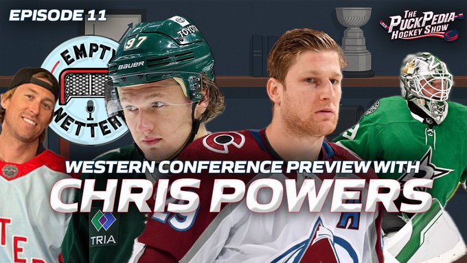 Collage image shows four hockey players in action poses wearing green Minnesota Wild helmets and jerseys, red Colorado Avalanche uniforms, white Los Angeles Kings attire, and a green goalie mask. Text overlays include The PuckPedia Hockey Show Episode 11, Empty Netters, Western Conference Power Preview with Chris Powers, and team logos like Q for Quebec and a triangular emblem.