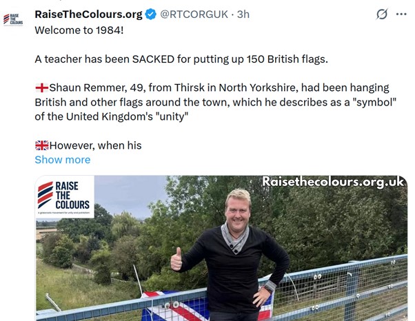 Here’s the latest scoop being spread by right wing gobshites. Except:
-he’s not a teacher, he’s an assistant
-the school didn’t sack him, he works for an agency
-they stopped using him not for putting up flags but for posting racist bollocks and misinformation online.
