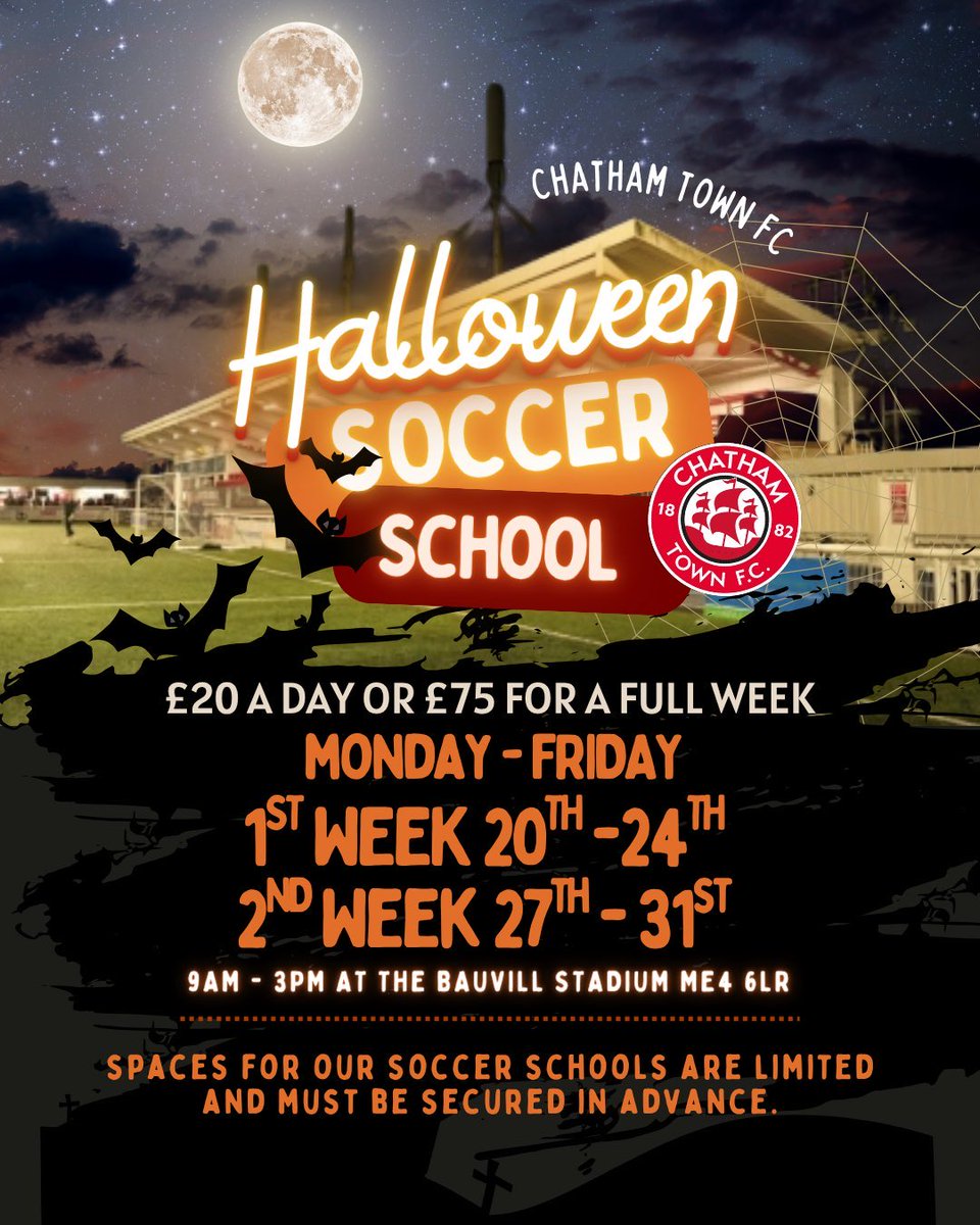 ChatsCommunity's tweet image. Have you signed up for our Halloween Soccer School yet?! 🙌

For all the football fun across the half-term, make sure you join us. 🫡

🗓️ Mon 20th Oct - Friday 31st Oct
🎟️ £20 per day / £75 for the week 

SIGN UP: shorturl.at/fYeFB

🔴⚪️⚫️ #UpTheChats