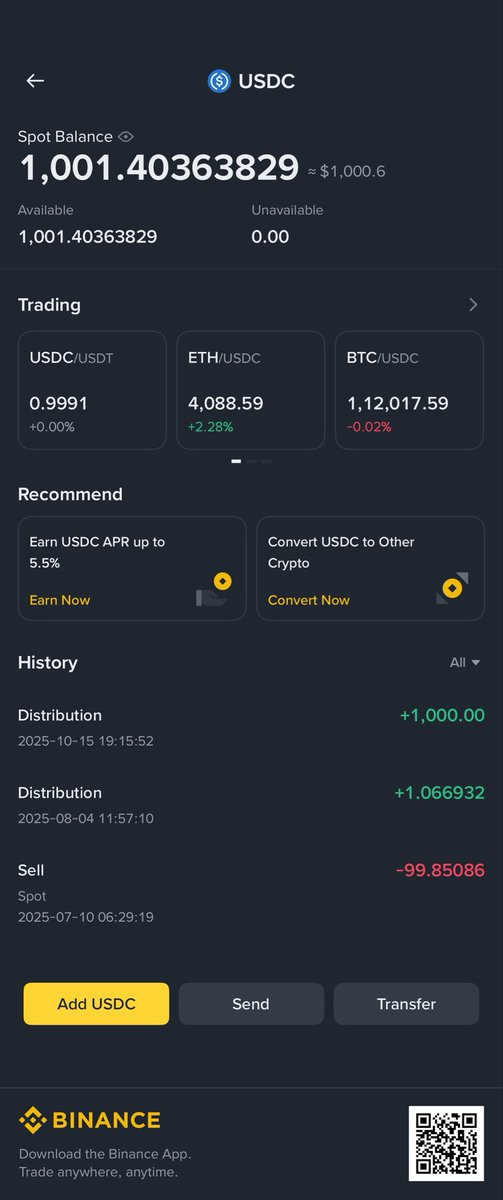 Massive thanks to <a href="/binance/">Binance</a> and <a href="/cz_binance/">CZ 🔶 BNB</a> 🙏
Today I received $1000 USDC as partial compensation for the liquidation that happened during the unexpected market crash on Friday night, Oct 10.

I had lost over $7,000 — this gesture from Binance shows they truly care about their