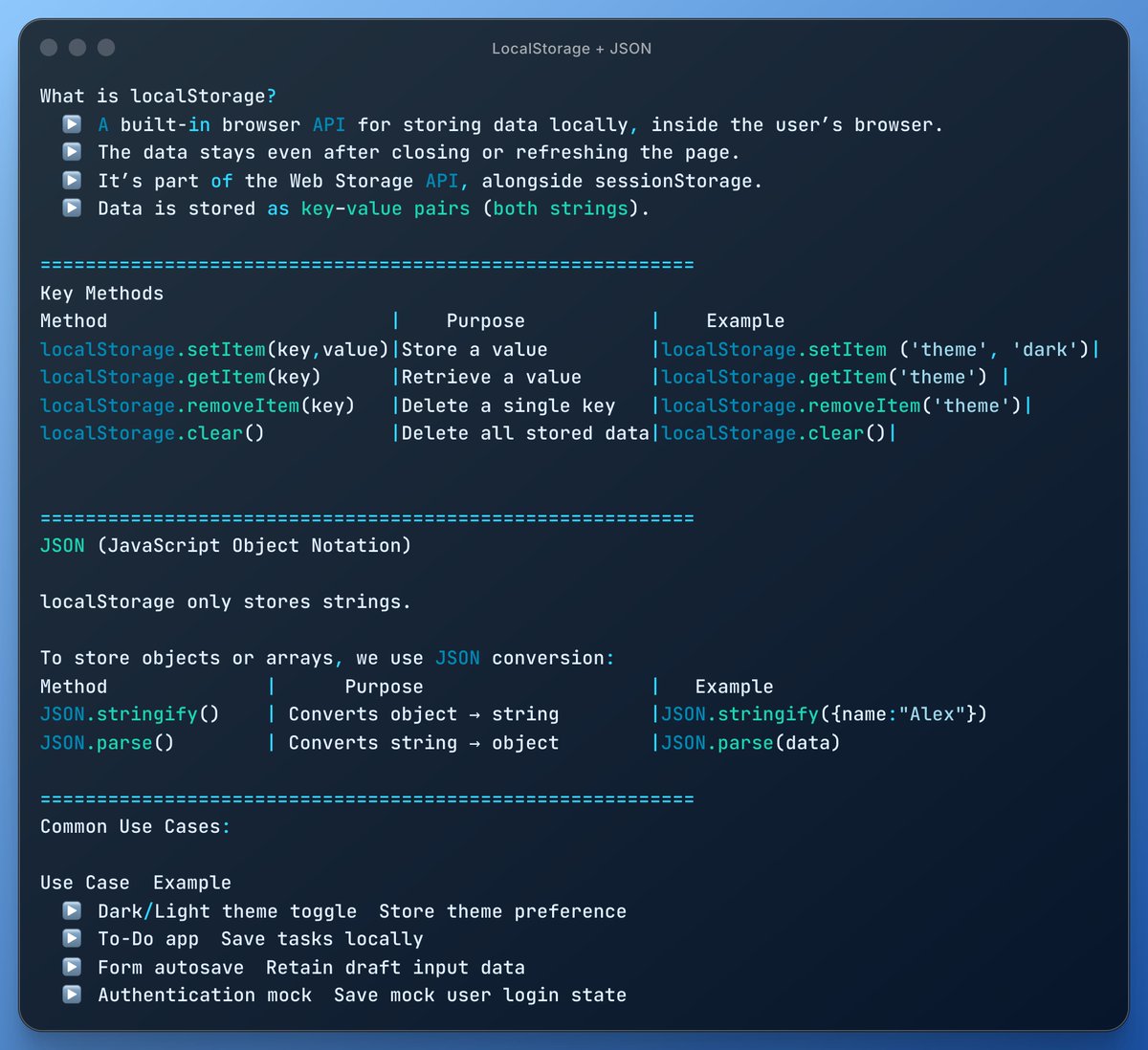 guriii3108's tweet image. 🚀Day 22 of #100DaysOfWebDev 
Today I learned how to make my web apps remember data using localStorage + JSON in JavaScript.
It’s like giving your browser its own little brain
Code: github.com/guriii3108/100…
Notion Notes: notion.so/Day-22-localSt…
#JavaScript #WebDev #CodingJourney