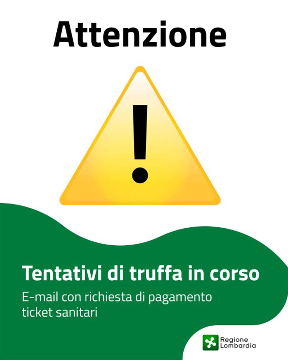 ⚠️ Attenzione alle truffe! Segnalato un cyber-attacco a una piattaforma usata da alcuni medici di base che non fa parte dei sistemi informatici di Regione Lombardia. Se ricevi mail su false posizioni debitorie per prestazioni sanitarie fai attenzione👉ats-milano.it/notizie/attenz…