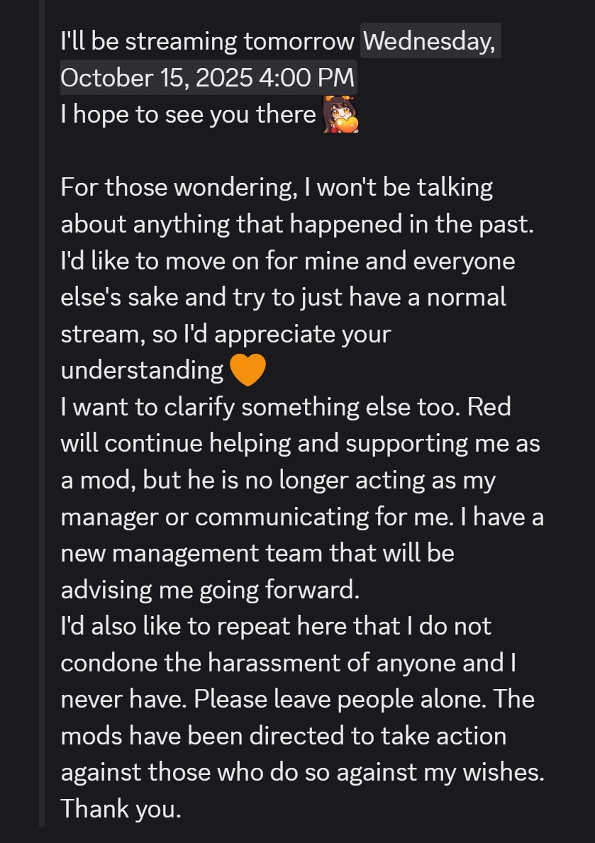FalseEyeD's tweet image. UPDATE 🔥

Sinder will return to streaming today after a half year hiatus and releasing a 1000 page google document last week. 

She stated to her Discord she "won't be talking about anything that happened in the past. I'd like to move on..."

Red will still be a mod for her.