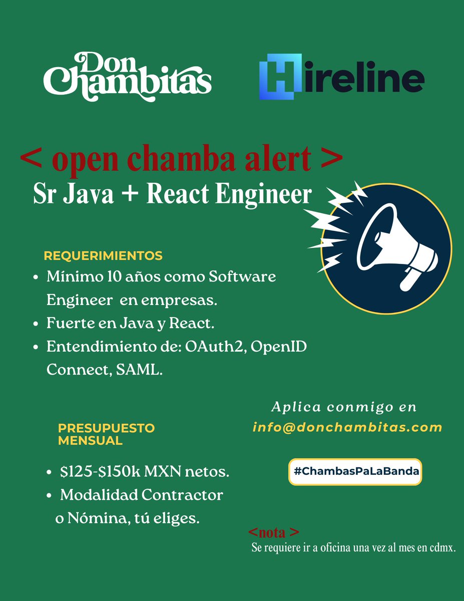 DonChambitas's tweet image. Compitas, en colaboración con @hirelineio, traigo esta #openchamba pa perfil Fullstack #Java con #React 🤓 el cliente quiere a alguien bien Sr por lo que atenderemos aplicaciones de solo 10+ años de experiencia. Es full remote con una vez al mes en oficina en #cdmx 

Se aplica en…