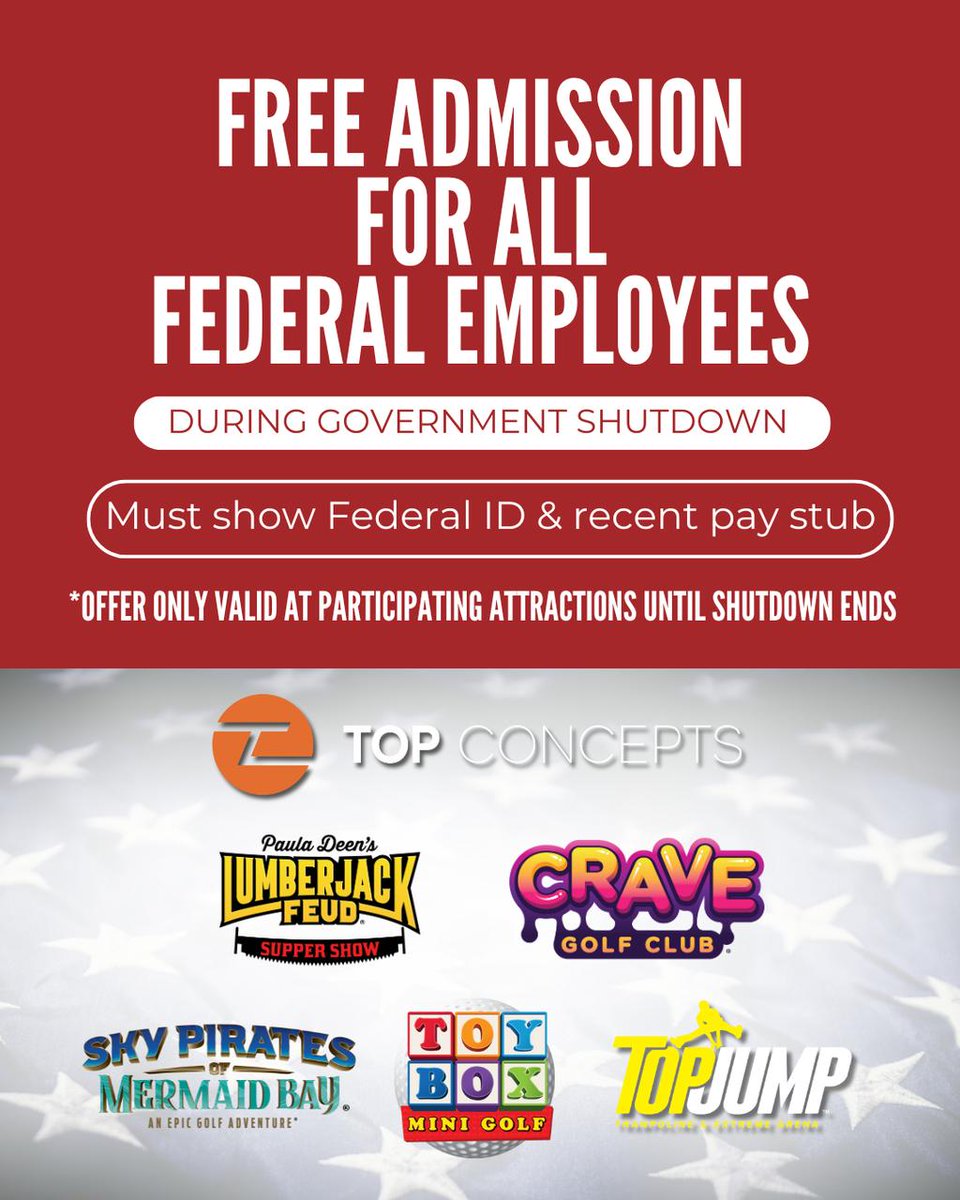 TopJumpUSA's tweet photo. We’re happy to offer free admission to all federal employees during the government shutdown.

Just show your federal employee ID and recent pay stub at the ticket counter to enjoy the fun — on us!

Offer only valid at participating attractions until the shutdown ends. https://t.co/ThRoxz7VZ8
