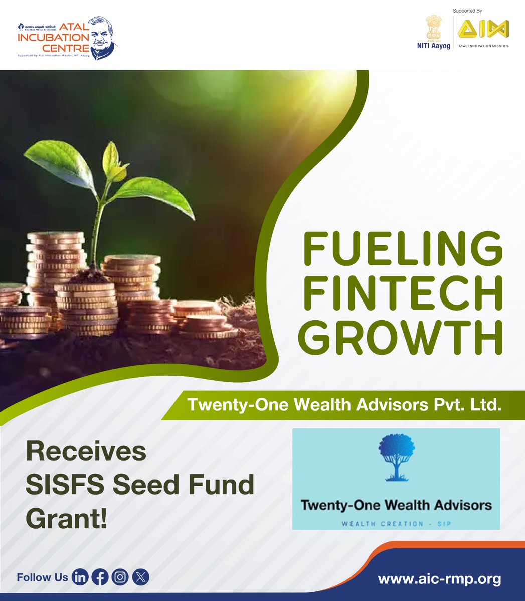 Thrilled to announce that Twenty-One Wealth Advisors Pvt. Ltd. has received the SISFS Seed Fund Grant under the AIC-RMP initiative! 
Empowering smarter, risk-adjusted investments through innovation and technology.
#AICRMP #SISFSSeedFund #StartupFunding
