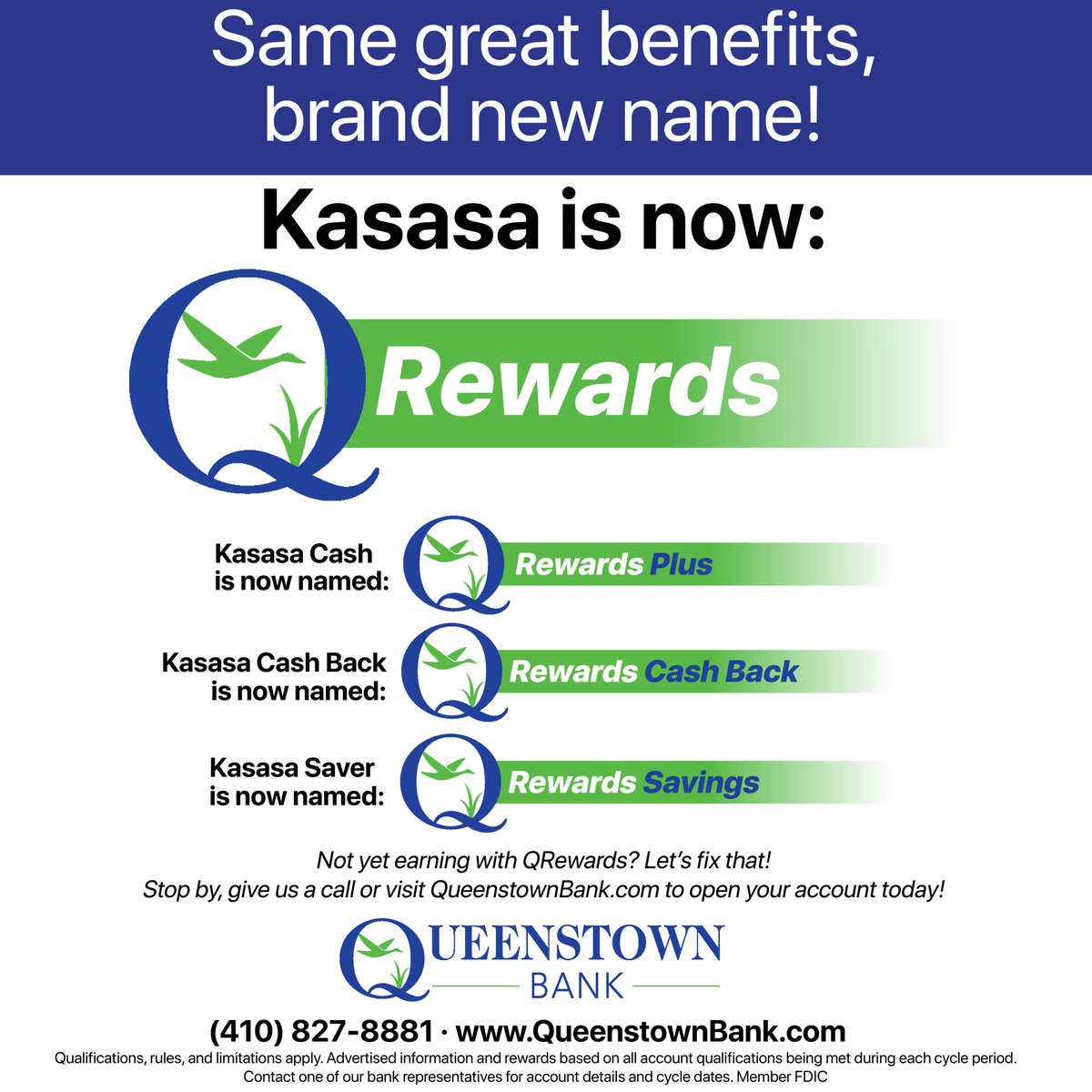 QueenstownBank's tweet photo. 𝐄𝐱𝐜𝐢𝐭𝐢𝐧𝐠 𝐍𝐞𝐰𝐬 𝐟𝐫𝐨𝐦 #𝐐𝐮𝐞𝐞𝐧𝐬𝐭𝐨𝐰𝐧𝐁𝐚𝐧𝐤! 
We’re rebranding our Kasasa checking accounts — now introducing QRewards! Same great benefits, brand new name. With QRewards, your checking and savings accounts will continue to reward you just like before! https://t.co/FQxEE35xv9