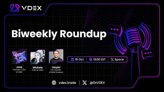 The <a href="/0xVDEX/">VDEX</a> Biweekly Roundup is happening Today, Oct 15, at 13:00 EST  

Things to be discussed include:

- Premarket + Perp Prediction Markets 

- VPOINTs + Xeet Leaderboard 

- New ATHs across VDEX  Featuring:

Join <a href="/josebetandcourt/">josé.vdex</a>, Founder &amp; CEO of VDEX Jasper, Co-Founder of