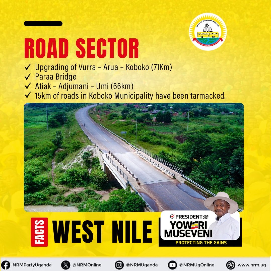 NabasaWAlex's tweet image. Under President Museveni and the NRM, West Nile and Uganda as a whole-have seen massive infrastructure growth, rural electrification, and universal education reforms.
Let’s keep the momentum going. Vote NRM for continued progress!

#ProtectingTheGains #UgandaDecides