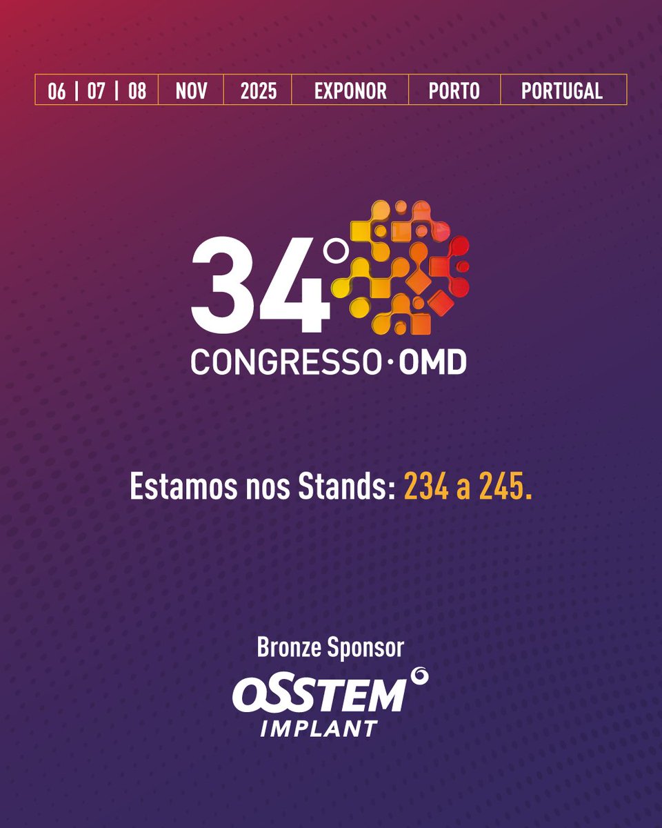 OsstemPortugal's tweet photo. A Osstem Implant vai marcar presença na Expodentária 2025.
De 6 a 8 de novembro, estaremos na maior feira de medicina dentária do país.
#OsstemImplant #Expodentária2025 #BronzeSponsor #MedicinaDentária #Implantologia #Exponor #OsstemPortugal #DentalExhibition https://t.co/kfRoddbRFm