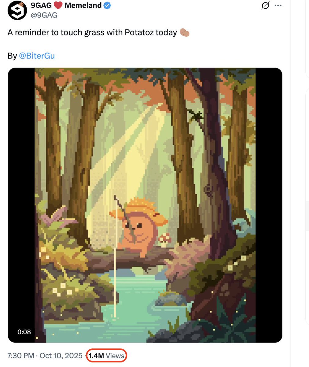 People fail to envision the absolute impact of <a href="/9GAG/">9GAG ❤️ Memeland</a> on $MEME.

Here are some stats just for 2 videos on 9GAG with the Potatoz IP:
🔹 3.6M views on IG.
🔹 3.4M views on X.

Imagine this at scale, it surpasses any other Web3 IP out there.

$MEME is inevitable.