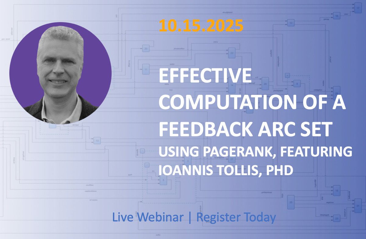 TSawyerSoftware's tweet image. ⌛ Starting Soon! Effective Computation of a Feedback Arc Set Using PageRank, Featuring Ioannis G. Tollis, PhD. This new heuristic is a key first step for hierarchical layouts of directed graphs.
👉 9am PDT Today: bit.ly/3KOj2cG
#GraphAlgorithms #Algorithm #Heuristics…