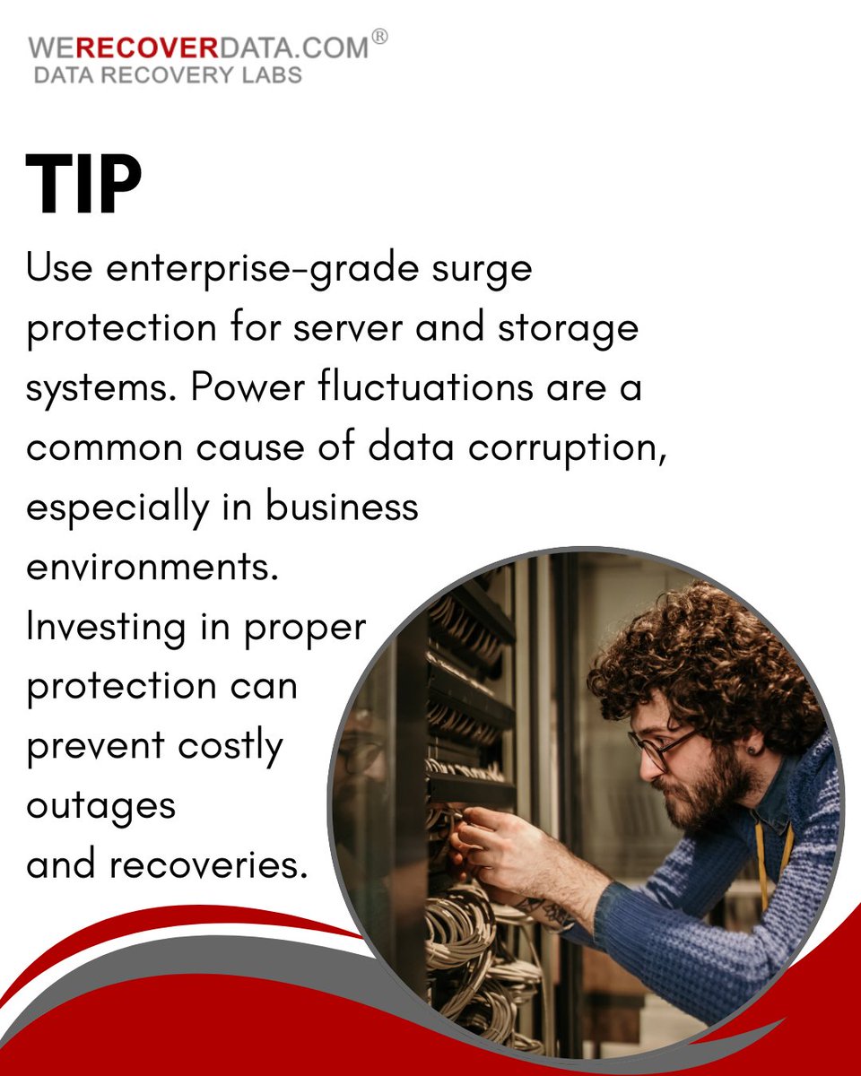 WeRecoverData's tweet image. Use enterprise-grade surge protection for server and storage systems. Power fluctuations are a common cause of data corruption, especially in business environments. Investing in proper protection can prevent costly outages and recoveries.
