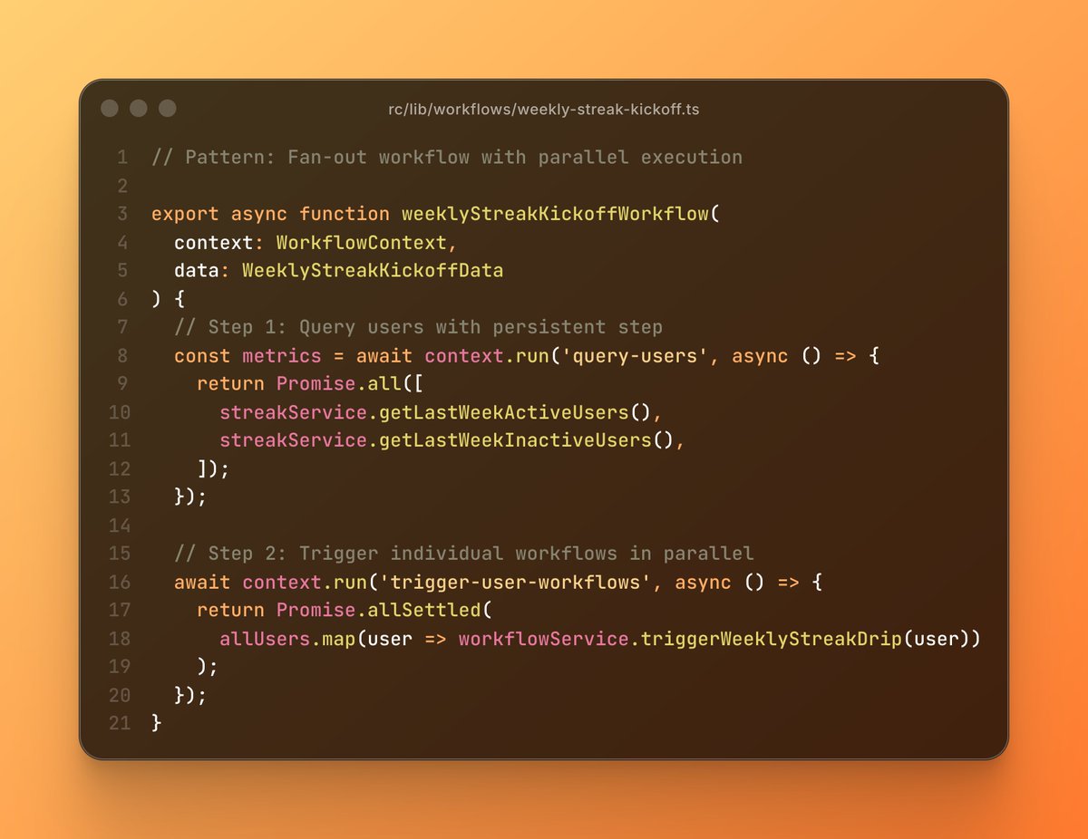 Schedule async of drip emails at <a href="/braingridai/">BrainGrid AI</a> without managing any queue infrastructure.

<a href="/upstash/">Upstash</a> Workflows = serverless cron + step functions:
• Schedule cron jobs (every Monday 6am PST)
• Trigger per-user workflows in parallel
• Auto-retry on failure

All workflows live in