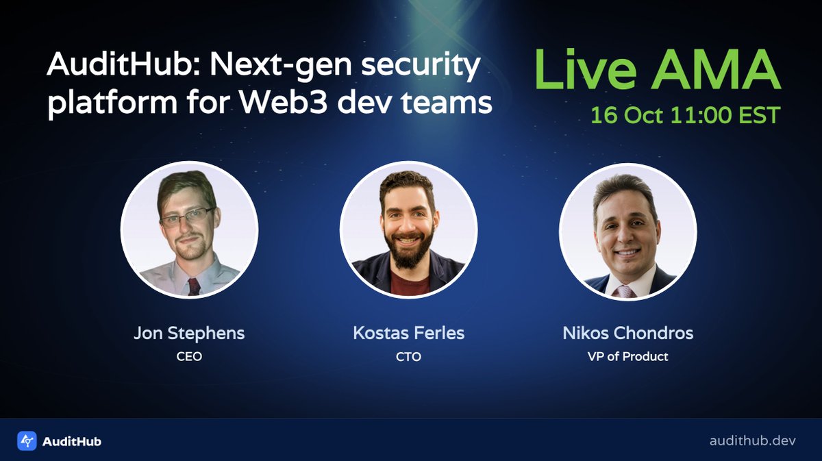Ready to explore <a href="/AuditHubDev/">AuditHub</a> — the next-gen blockchain security platform?

Join our AMA to learn how to squash bugs before an audit. Bring your questions, we’ve got answers!

📅 Oct 16, 11:00 EST - Join here: youtu.be/watch?v=59zdOz…
🎙️ <a href="/FormallyJon/">Jon Stephens</a> <a href="/KFerles/">Kostas Ferles</a> <a href="/nikos_chondros/">Nikos Chondros</a>