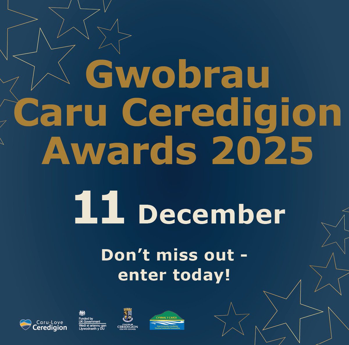 🎉 The #GwobrauCaruCeredigionAwards are back on 11 Dec! Celebrate the best  of Ceredigion – from businesses to community heroes. 🏆 12 categories,  incl. new awards for 2025! Enter by 03 Nov 👉 https://t.co/zckVyLBca5  #GwobrauCaruCeredigionAwards2025, image size:1200x1187