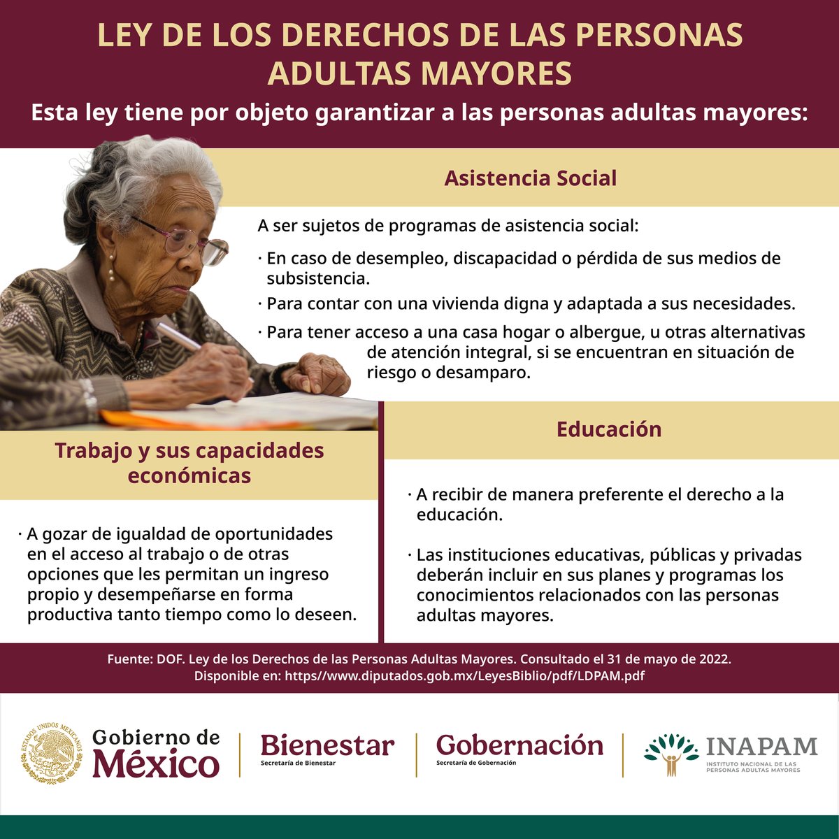 INAPAM's tweet photo. Las #PersonasAdultasMayores tienen #Derechos que deben #Respetarse y #Garantizarse como lo establece la #Ley 👉 https://t.co/D8SWs0jVhJ que protege su acceso a la #AsistenciaSocial #Educación y #TrabajoDigno #Conocer tus #Derechos es clave para #Ejercerlos https://t.co/Hk38M9sVec