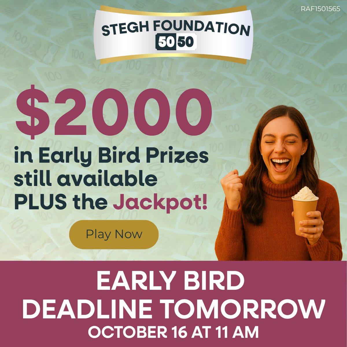 💵 The first Early Bird is claimed — but 2 more chances to win $1,000 are up next!

🗓️ Oct 16 – $1,000
🗓️ Oct 23 – $1,000
🎉 All tickets also enter you in the growing Grand Prize Jackpot!

ow.ly/tR7A50X9R54

#STEGHFoundation5050 #STEGHFoundation #STEGH