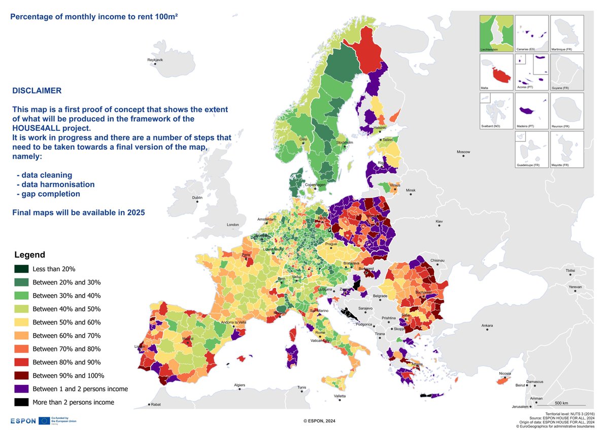 Un excellent travail de cartographie (encore incomplet): le % d'un revenu mensuel consacré à la location d'un logement de 100m2.

Les options les plus abordables: Allemagne, Belgique et Scandinavie. Dur en Lettonie et Pologne. La côte dalmate et le lac Balaton hors de prix.