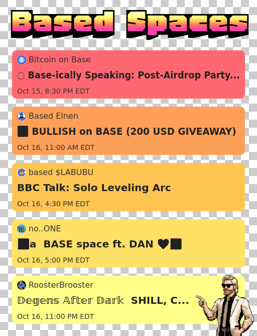 million.base.eth (@bithomepage) on Twitter photo Will I see you at these <a href="/base/">Base</a> spaces? hosted by <a href="/BTC_On_Base/">Bitcoin on Base</a> <a href="/based_elnen/">Based Elnen</a> <a href="/labubu_based/">based $LABUBU</a> <a href="/hiighphill/">no..ONE</a> <a href="/RoosterBroost3r/">RoosterBrooster</a> Will I see you at these <a href="/base/">Base</a> spaces? hosted by <a href="/BTC_On_Base/">Bitcoin on Base</a> <a href="/based_elnen/">Based Elnen</a> <a href="/labubu_based/">based $LABUBU</a> <a href="/hiighphill/">no..ONE</a> <a href="/RoosterBroost3r/">RoosterBrooster</a>