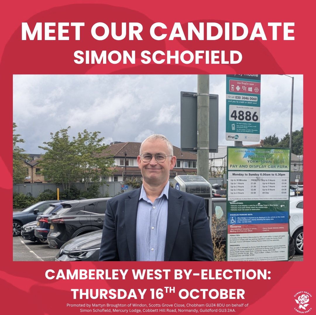 LabourHeath's tweet image. A last push for our amazing candidate Simon Schofield in the Camberley West By-Election tomorrow! 🌹